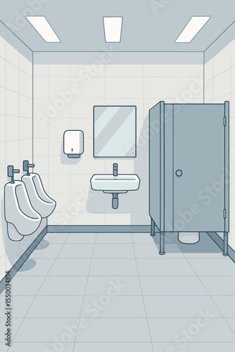 Clean Minimalist Public Men's Restroom Interior with Empty Stalls, Urinals, Sink, Mirror, and Paper Dispenser. Modern Hygienic Bathroom Vector Illustration, No People, White Tile Design