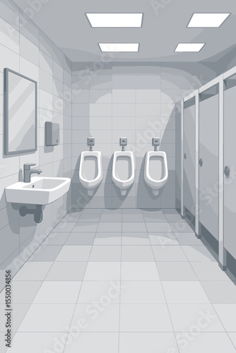 Modern public men’s restroom interior. Clean minimalistic bathroom with tiled walls, urinals, stalls, sink, mirror, hygienic contemporary design. Empty sanitary facility vector illustration