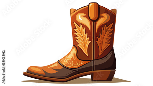 A man’s cowboy boot with rich tan leather stands tall. The crisp white background highlights the square toe silhouette—elegant, strong, and quietly rooted in western heritage.

