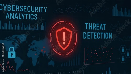 A visual representation of cybersecurity analytics showcasing threat detection, featuring graphs, maps, and security icons to convey data protection and monitoring.