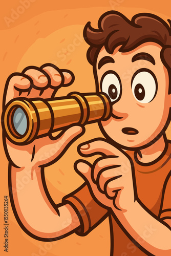Curious child exploring with brass telescope. Cartoon vector illustration of boy observing, searching, discovering, investigating, holding spyglass. Curiosity, adventure, childhood discovery concept