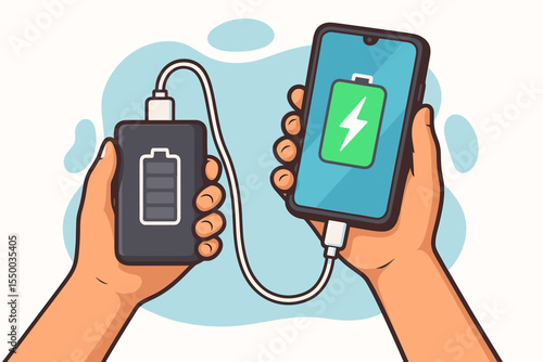 Hand holding smartphone charging with a power bank. Mobile phone battery recharge concept. Portable external battery pack technology for on the go power. Vector cartoon illustration.