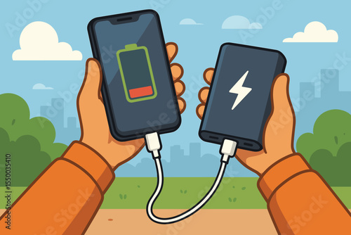 Charging Smartphone Outdoors with Portable Power Bank. Vector Illustration of Hands Holding Mobile Phone and External Battery Connected by Cable. Emergency Energy, Mobile Device Recharging Concept
