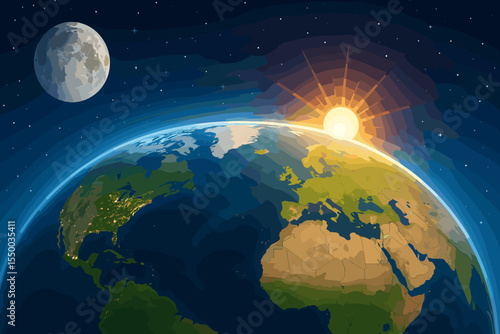 Earth from Space with Sunrise, Moon, Stars and Glowing City Lights Over Europe, Africa and North America. Realistic Planet Surface, Outer Space Scene, Astronomy, Solar System, Vector Illustration