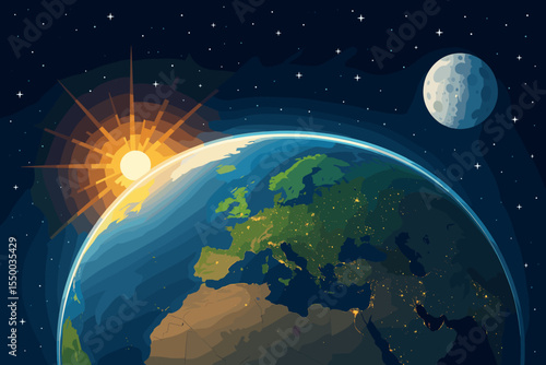 Earth Sunrise from Space with Glowing Lights, Moon in Orbit, Europe Africa View, Outer Space Background, Solar Rays, Starry Sky, Vector Illustration, Astronomy Science, Planet Earth Concept Art