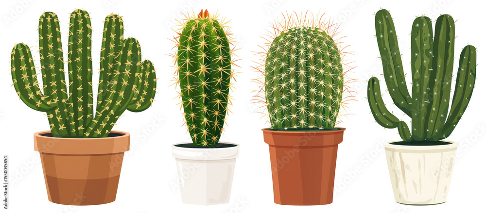 PNG Four potted cacti in various shapes and sizes element set on transparent background. PNG Four potted cacti in various shapes and sizes element set on transparent background.