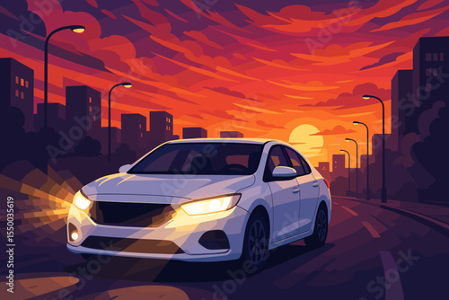 White Sedan with Shining Headlights on Urban Street at Sunset. Vibrant Cityscape, Dramatic Orange Sky, Modern Car, Night Light, Road, Transport Concept. Vector Cartoon Illustration