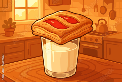 Puff pastry with strawberry jam on a glass of milk for a cozy breakfast. Home kitchen in warm morning light. Sweet baked goods and comfort food concept. Vector cartoon illustration.