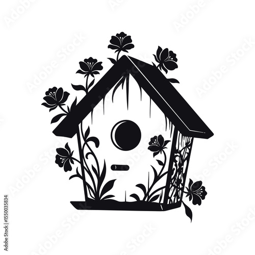 Elegant birdhouse silhouette adorned with delicate floral decorations