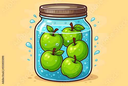 Fresh detox green apples submerged in clear water inside glass jar. Cartoon vector illustration. Healthy fruit cleanse. Organic beverage concept. Refreshing diet drink. No text. Vibrant colors