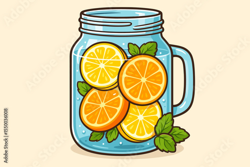 Refreshing detox water with lemon and orange slices in mason jar. Citrus fruit, mint leaves, hydration concept. Cartoon vector illustration for healthy summer drink, clean eating, beverage menu design