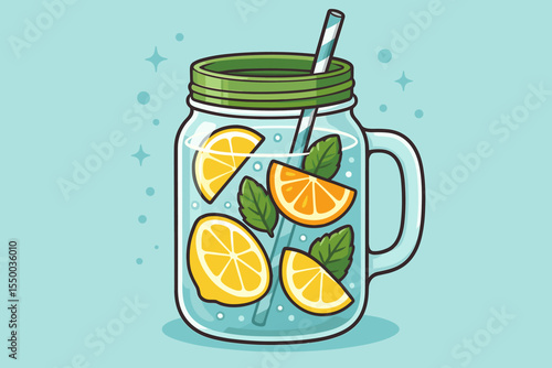 Refreshing detox water with lemon, orange, and mint in a glass mason jar. Healthy summer drink concept for diet and cleanse. Infused citrus beverage cartoon vector illustration.