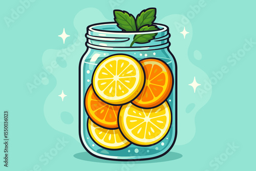 Vibrant citrus detox water with lemon and orange slices in clear mason jar, refreshing summer drink with mint leaves, fresh fruit beverage, healthy hydration, cartoon vector illustration