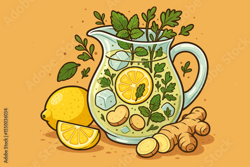 Detox water with ginger, lemon, parsley, and mint in glass jug. Fresh herbal infused drink, ice cubes, cartoon vector illustration. Healthy summer beverage ingredients, isolated on yellow background