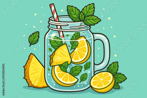 Refreshing detox water with lemon, pineapple, and mint in a mason jar. Healthy summer fruit-infused beverage for diet and wellness. Vector cartoon illustration of a fresh drink.