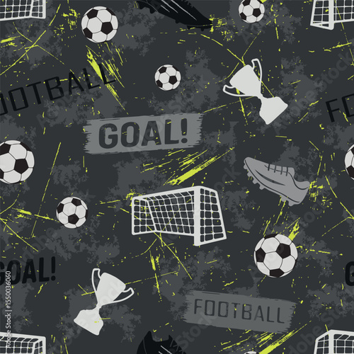 Grunge-style football pattern with soccer elements like balls, cleats, trophies, and goals. Gray textured background with yellow accents. Ideal for sportwear, prints, and fashion use.