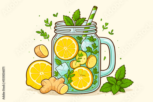 Refreshing ginger lemon detox water with fresh mint and ice in a mason jar. Healthy summer drink vector cartoon illustration. Homemade lemonade for diet and cleansing concept.