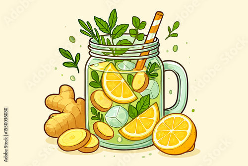 Lemon ginger detox water in a mason jar with mint and ice. Healthy homemade infused drink or lemonade. Refreshing summer beverage concept. Vector cartoon illustration for diet menu.