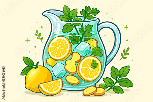 Detox lemon ginger water with ice cubes and fresh herbs in glass pitcher. Healthy summer drink. Vector cartoon illustration. Refreshment, beverage, lemonade, cleansing, herbal infusion, hydration.
