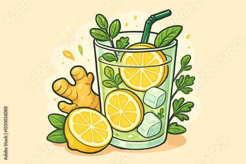 Refreshing ginger lemon detox water with fresh mint leaves and ice cubes. Healthy lifestyle, natural lemonade concept. Summer drink, diet beverage, cold cocktail. Vector illustration.