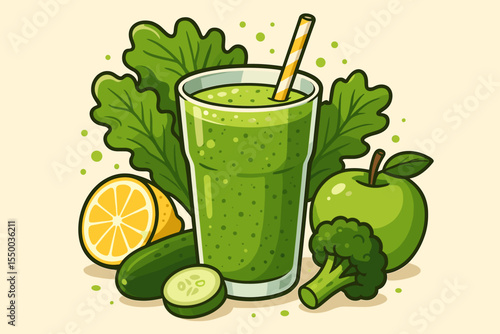 Refreshing green detox smoothie illustration with lettuce, fruits, and vegetables for healthy diet. Fresh organic blended drink for wellness and vitality.