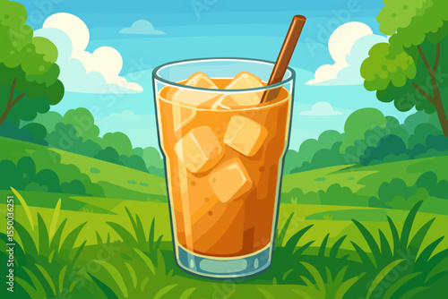 Refreshing glass of iced milk tea with ice cubes and straw, perfect for a summer picnic. Vector cartoon illustration of a cold beverage on green grass with a beautiful nature landscape.