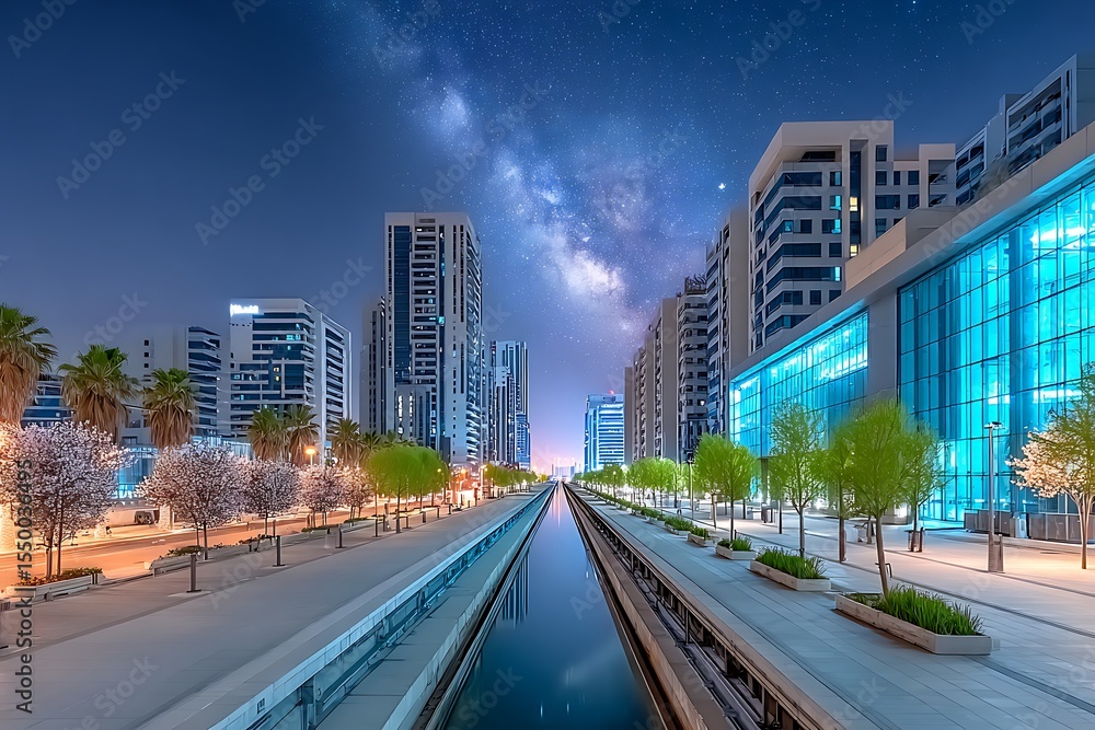 Fototapeta premium City canal at night, starry sky