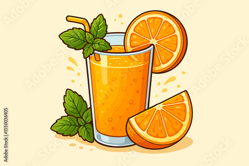 Fresh orange juice vector cartoon illustration. Refreshing summer beverage in a glass with mint leaves and fruit slices. Healthy citrus drink concept for menu or bar design. Isolated.