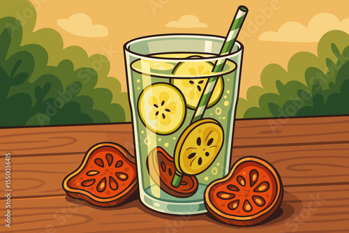 Healthy quince infused water in a glass on a wooden outdoor table. Refreshing summer detox drink with fresh and dried quince slices. Wellness and healthy lifestyle concept. Vector.
