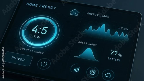 A sleek digital energy monitor displaying real-time home energy usage, battery status, solar input, and efficiency metrics for smart energy management and sustainability.