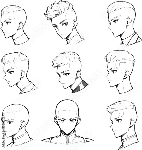 Vector art of set of vector illustrations depicting mens hairstyles in various styles and angles isolated on white background