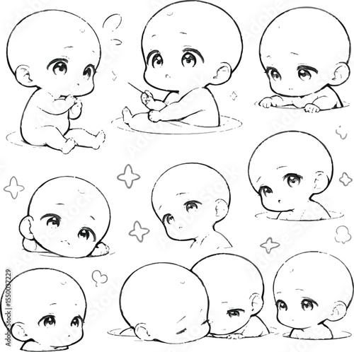 Vector art of set of vector drawings of cute babies in various poses isolated on white background