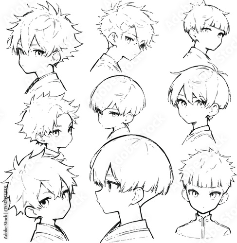 Vector art of various sketches of a boys head with different hairstyles, shown from multiple angles and expressions, isolated on white background