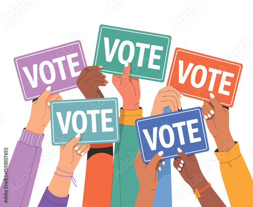 Diverse Hands Holding Vote Signs Showing Support for Voting Rights