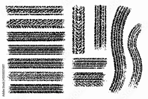 Tire Tread Patterns Set Skid Marks and Wheel Tracks for Racing, Off-Road, and Drift in Grunge Vector Texture
