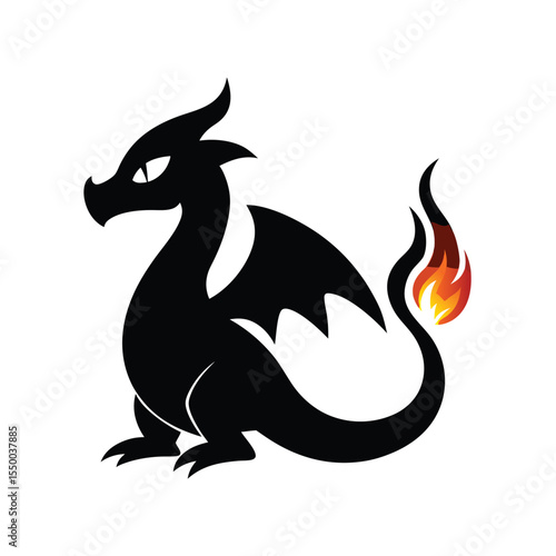 silhouette cartoon dragon with flame doodle logo