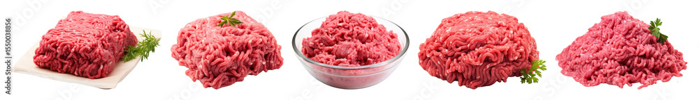 PNG Various portions of raw ground beef with parsley garnish element set on transparent background. PNG Various portions of raw ground beef with parsley garnish element set on transparent background.