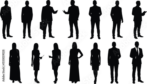 Silhouettes, business, professionals, standing, posing, group, diversity, teamwork, leadership, corporate, office, team, profile, career, formal, attire, communication, strategy, success, unity