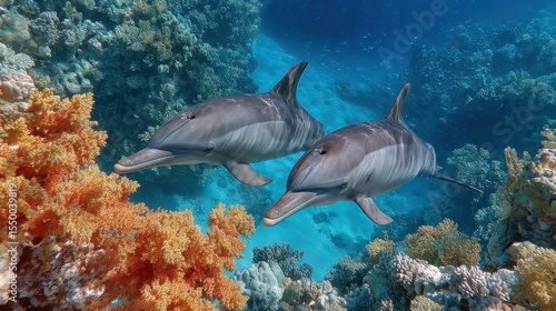 Two dolphins glide effortlessly through crystal-clear water, exploring colorful coral reefs teeming with marine life on a sunny day in the ocean.