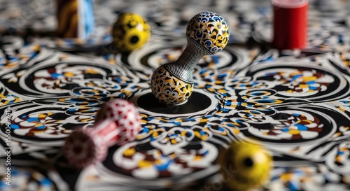 Vibrant patterned surface featuring decorative gourds and an artistic double sphere totem