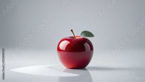 Fresh Red Apple with Green Leaf on Reflective Surface – Healthy and Minimalist Food Concept
