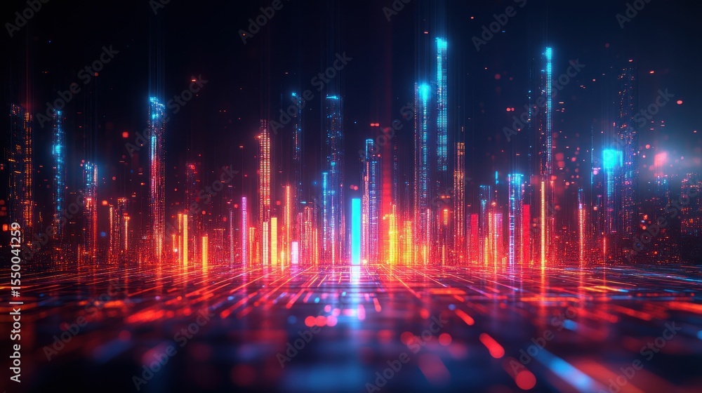 Futuristic city skyline, vibrant glowing structures, digital art Futuristic city skyline, vibrant glowing structures, digital art