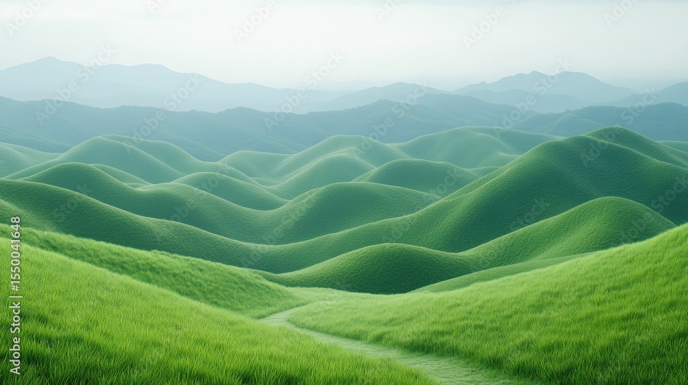 Gentle, rolling green hills stretch into a hazy mountain range Gentle, rolling green hills stretch into a hazy mountain range