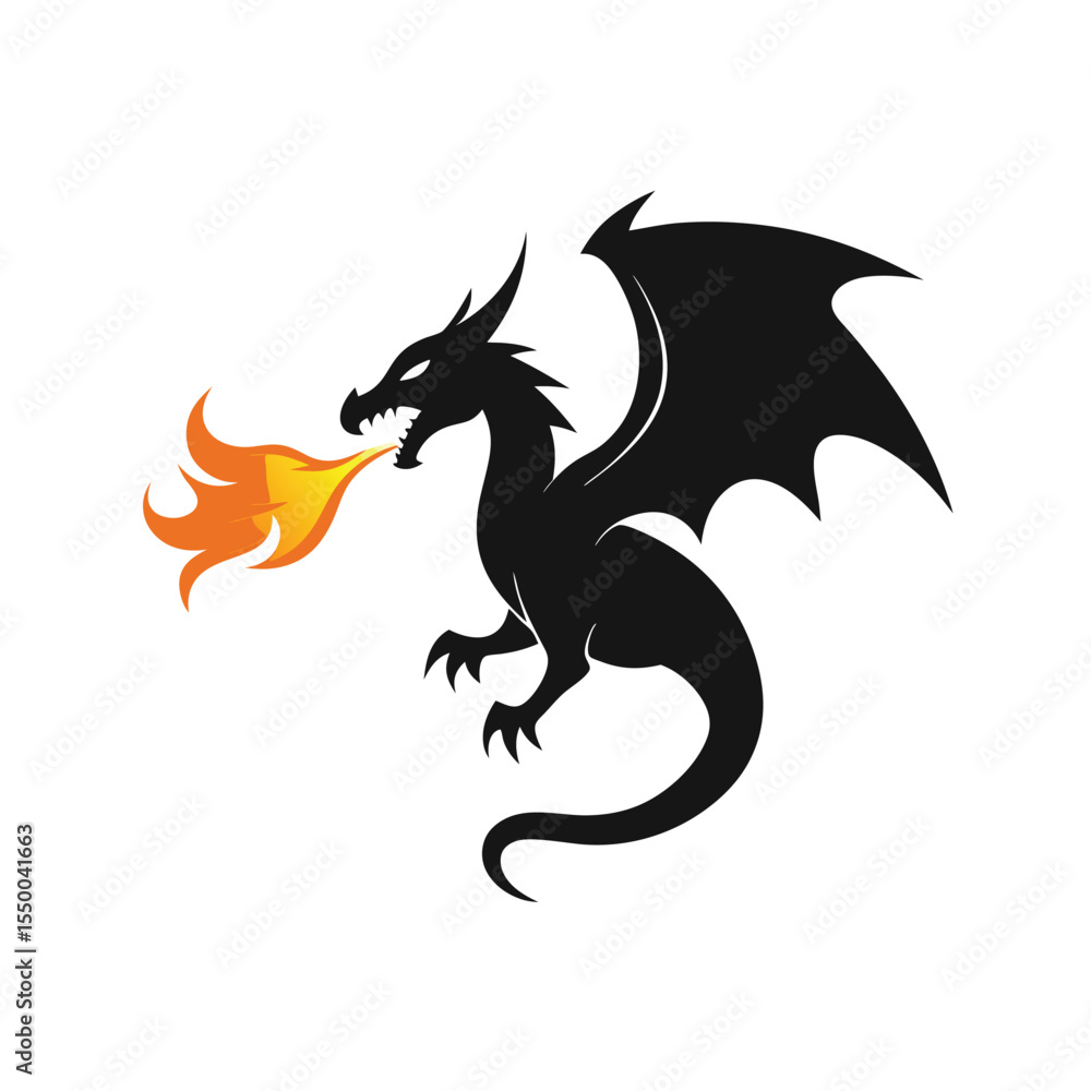 Fototapeta premium silhouette dragon breathing fire doodle logo vector illustration