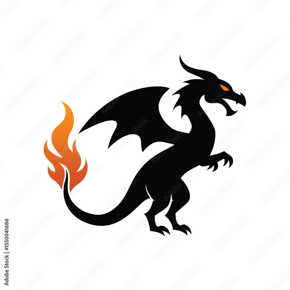 Fototapeta premium silhouette dragon breathing fire doodle logo icon