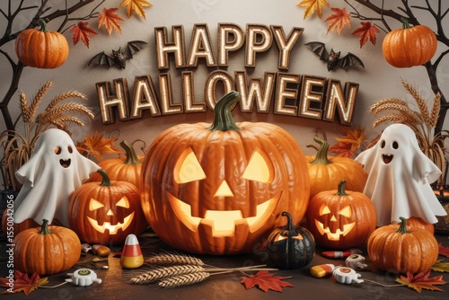 Happy halloween scene with pumpkins and ghosts