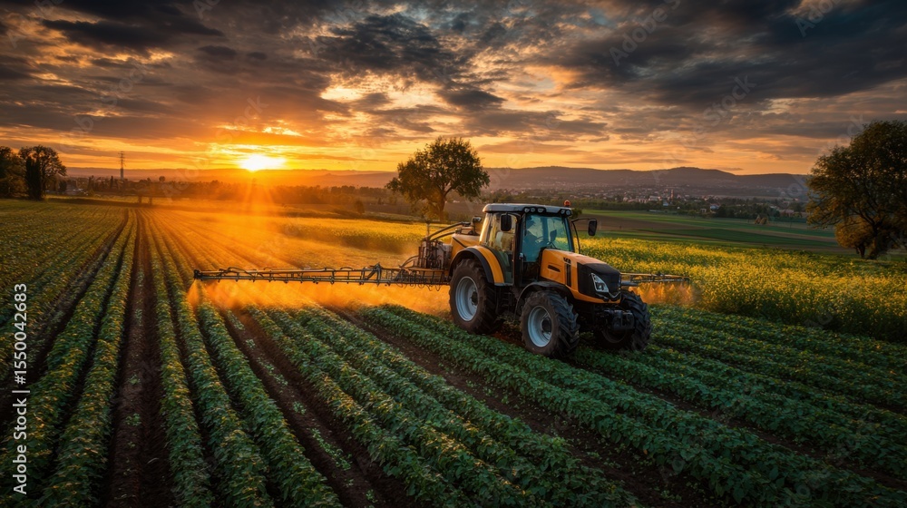 Fototapeta premium A tractor operates in a lush green field, spraying crops as the sun sets, casting a warm glow over the landscape, highlighting the importance of agriculture.