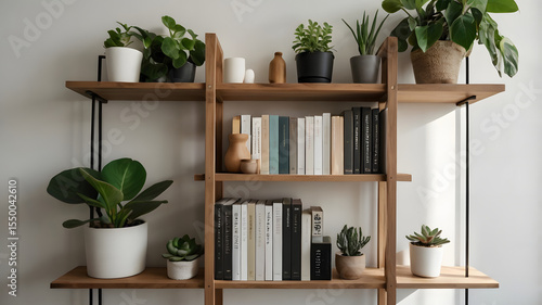 Scandinavian Bookshelf with Plants and Light Wall – Home Office Background