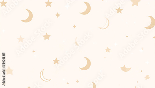 A beige background with a scattered pattern of crescent moons and five-pointed stars of varying sizes.  Tiny white sparkles add to the celestial design
