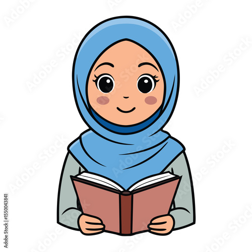 Peaceful traditional Muslim woman in a hijab, quietly reading a book with devotion and focus.